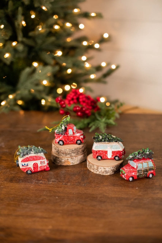 Holiday Figurine: Vintage Red Truck with Frosted Miniature Tree & Wreath.