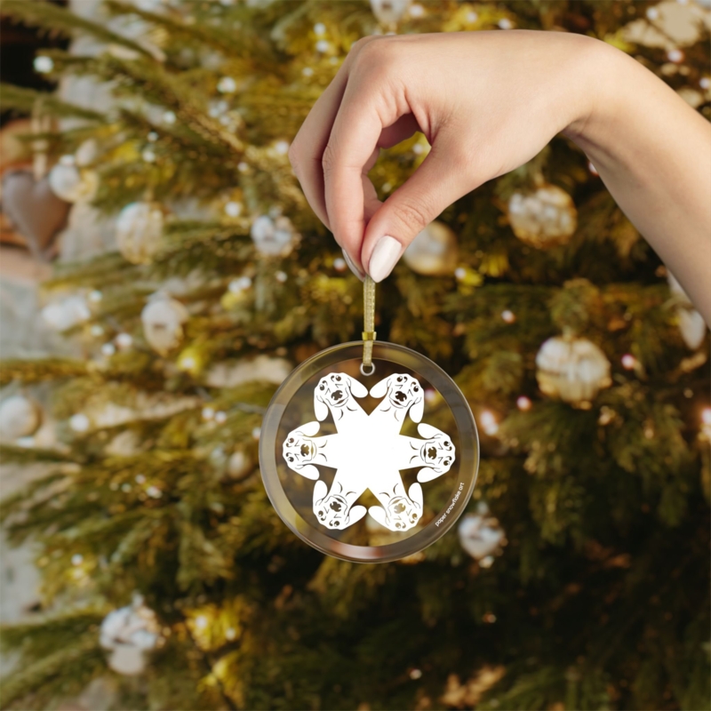 Holiday Ornament Glass Circular Disk Encased White Paper Art Design