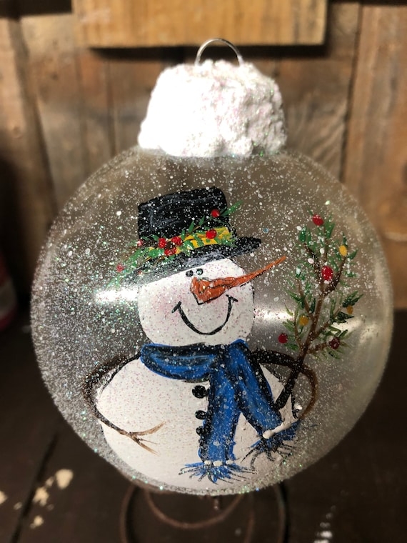 Holiday Ornament, Large Spherical Snowman with Glittery Snow Texture