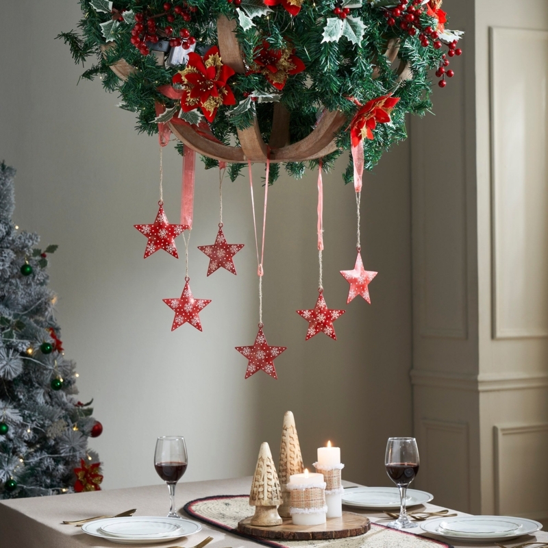 Holiday Ornament Rustic Metal Star Falling Snow Speckle Red Country