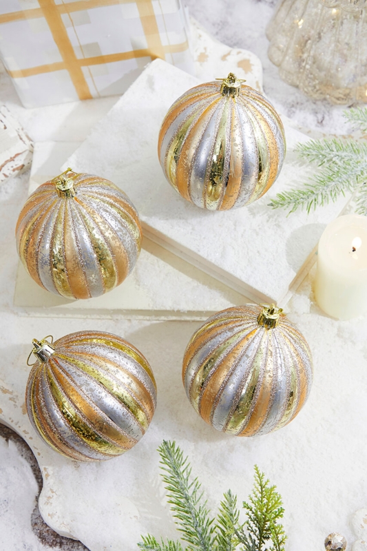 Holiday Ornaments Mercury Glass Ball Ornament Set Vertical Ribbed Stripes