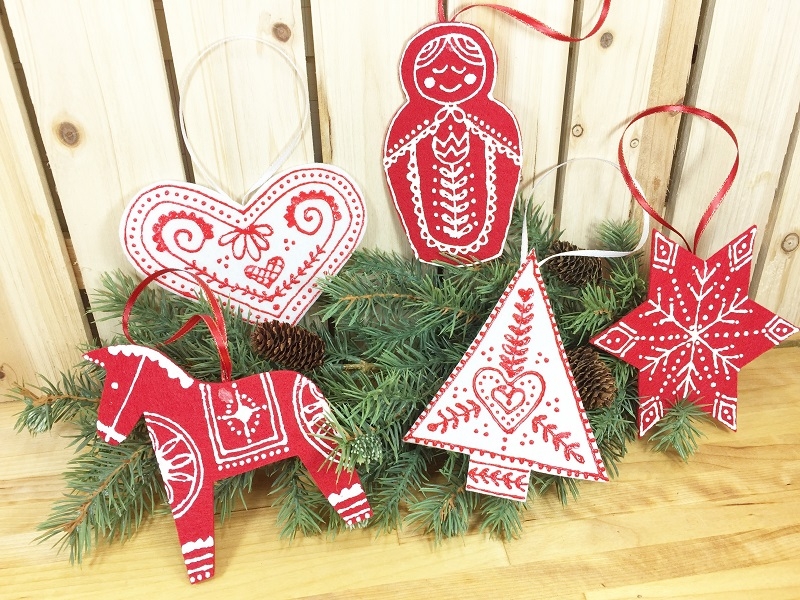 Holiday Ornaments: Red and White Felt, Faux Stitching, Scandinavian Style