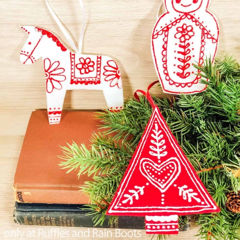 Holiday Ornaments: Red Felt, Whipstitched Edges, White Embroidery Details