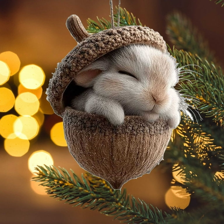 Holiday Ornaments Wood Toned Acorn Shape Woodland Creature Motifs