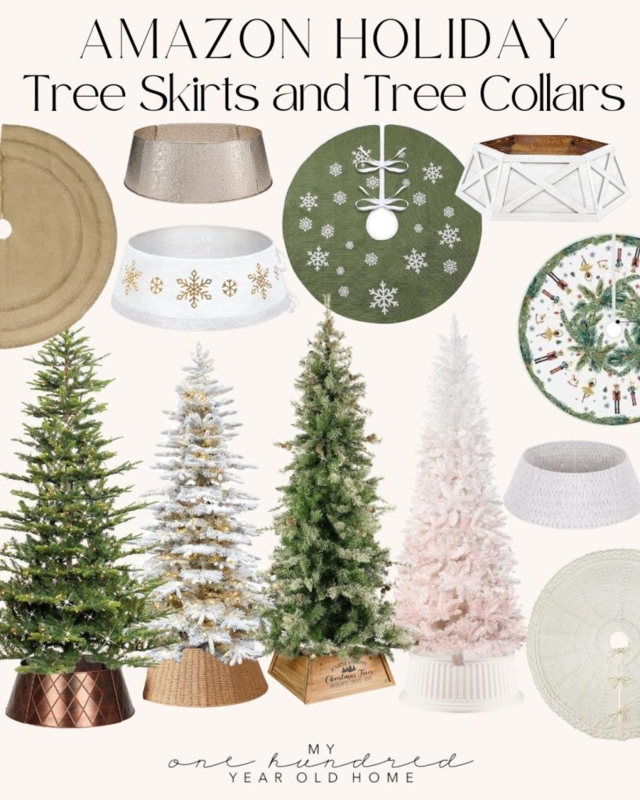Holiday Tree Base Decor Options Collage Wicker Metal Faux Fur Pom Poms