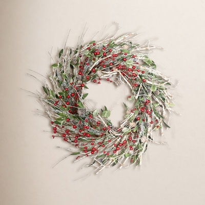 Holiday Wreath, Rustic Birch Twigs with Red Berries and Pinecones