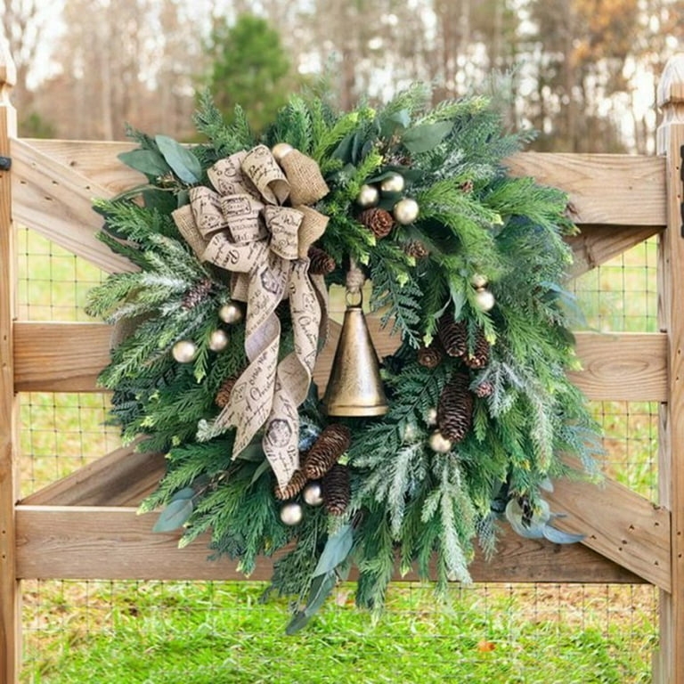 Holiday Wreath with Golden Bells, Red Bowknot and Pine Cone Accents