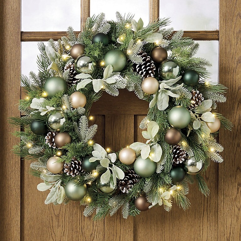 Holiday Wreath with Metallic Accents, Frosted Pinecones and Gold Ornaments