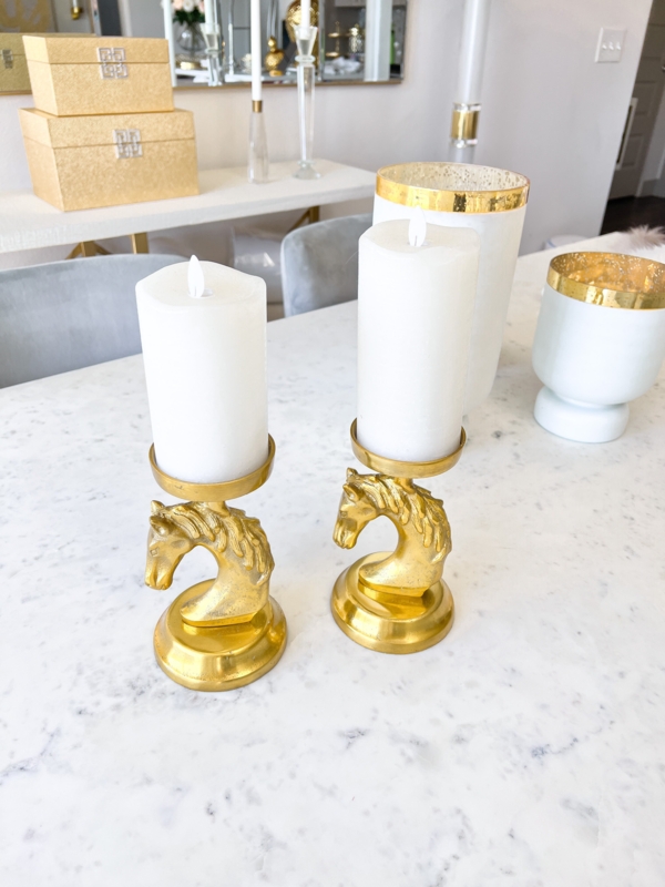 Horse Head Candle Holder Pair, Polished Gold for Equestrian Decor.
