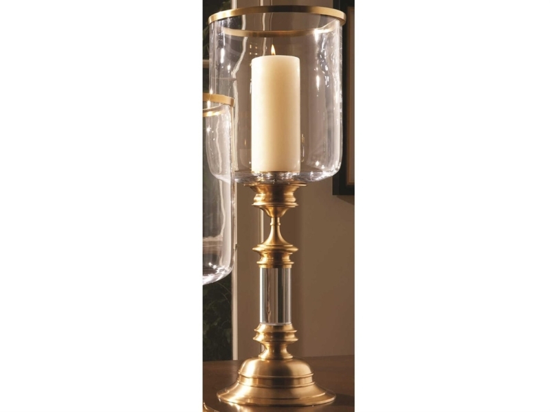 Hurricane Candle Holder Antique Brass Trim Cylindrical Glass Stately