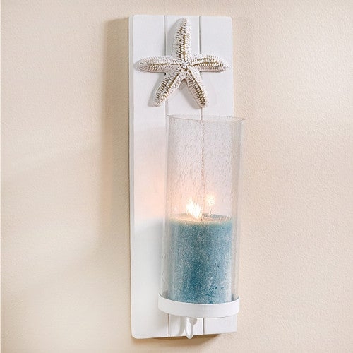 Hurricane Candle Holder Aqua Glass Coral Motif Coastal Accent