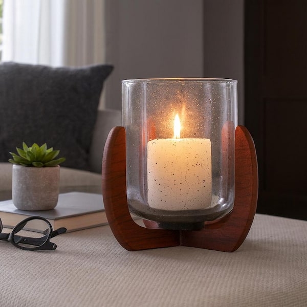 Hurricane Candle Holder Clear Glass Sleeve Dark Wood Base Rustic