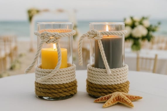 Hurricane Candle Holder Glass Rope Wrapped Base Knot Detail