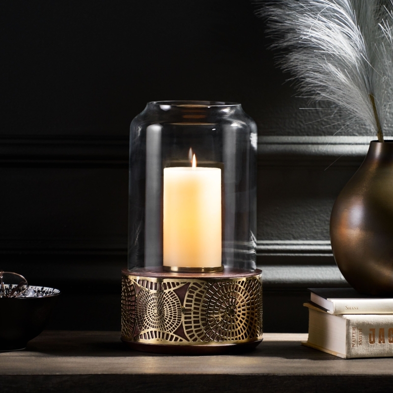 Hurricane Candle Holder Mango Wood Base Glass Cover Rustic Lantern