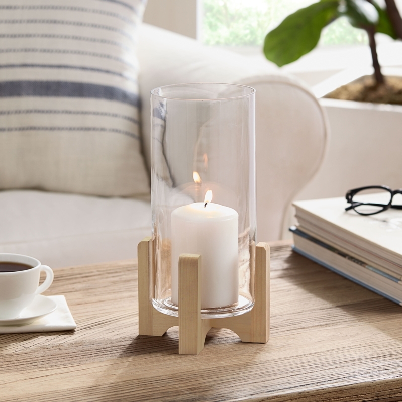 Hurricane Candle Holder Natural Wood Base Glass Sleeve Farmhouse Style