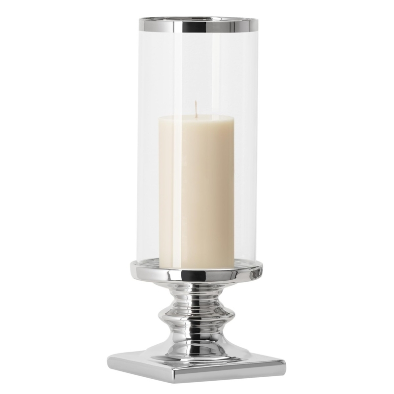 Hurricane Candle Holder Polished Silver Trim Cylindrical Glass