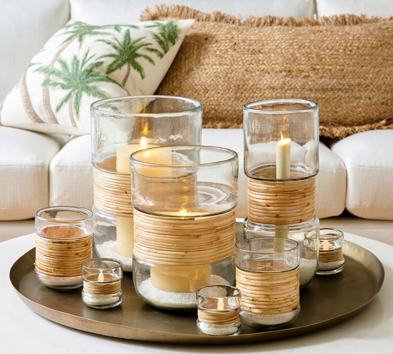 Hurricane Candle Holder Rattan Woven Sleeve Coastal Natural Boho Glass
