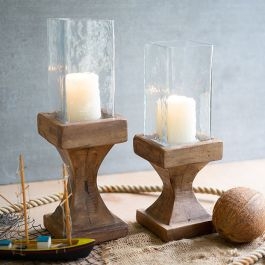 Hurricane Candle Holder Set Distressed Wood Frame Square Glass Rustic