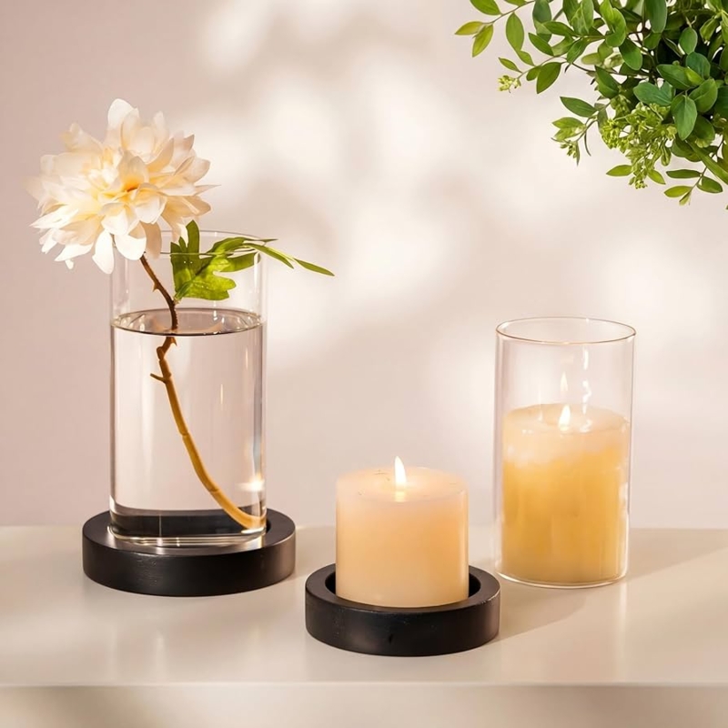 Hurricane Candle Holder Set: Glass Cylinders on Recessed Black Trays