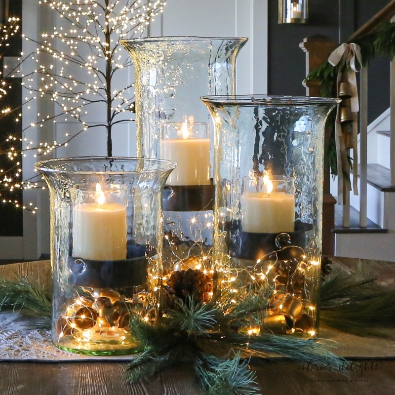 Hurricane Candle Holder Set Gold Trimmed Staggered Heights Glass