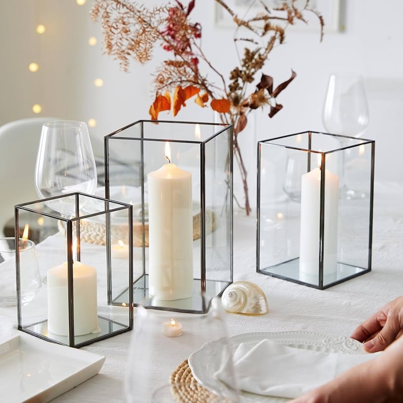 Hurricane Candle Holder Set Rectangular Black Metal Glass Nesting