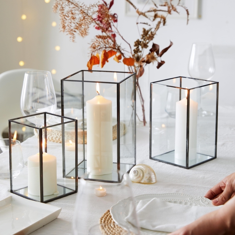 Hurricane Candle Holder Set with Glossy Black Geometric Frames