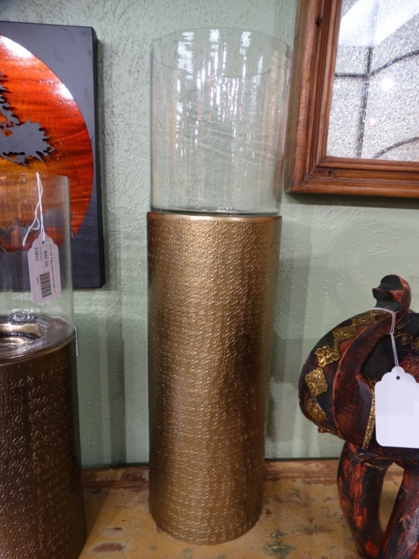 Hurricane Candle Holder Tall Brass Base Clear Glass Modern Glam Decor