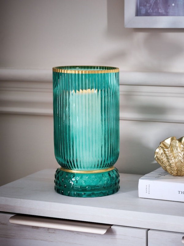 Hurricane Candle Holder Teal Blue Ribbed Glass Cylindrical Shape