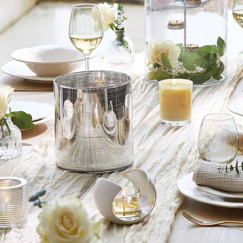 Hurricane Candle Holder Textured Metal Bands Elevated Internal Platform