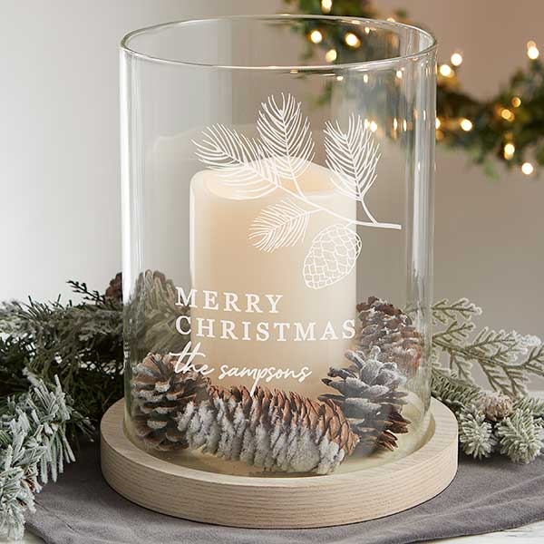 Hurricane Candle Holder, Whitewashed Base Foliage Etching.