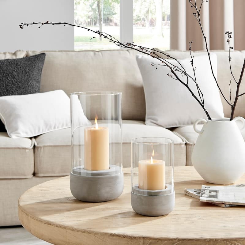 Hurricane Candle Holder with Heavy Grey Cement Base and Glass Pillar