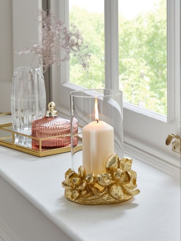 Hurricane Candle Holder with Magnolia Petal Base, Botanical Sculpture in Gold.