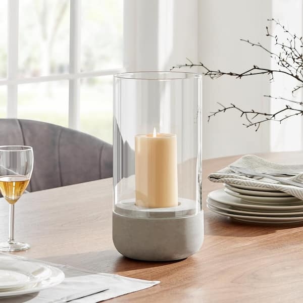 Hurricane Candle Holder with Oversized Glass Pillar and Heavy Cement Base
