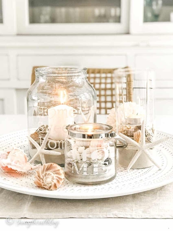 Hurricane Lantern Set Glass Aqua Netting Sandy Base Starfish
