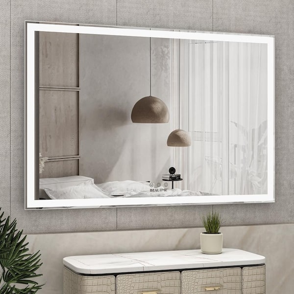 Illuminated Mirror Rectangular LED Touch Sensor Silver Frame Modern Spa