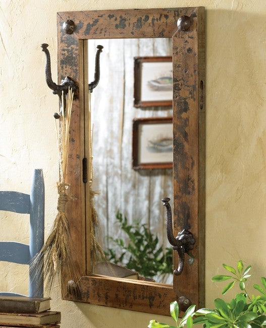 Industrial Antiqued Metal Wall Mirror with Bottom Shelf and Hooks