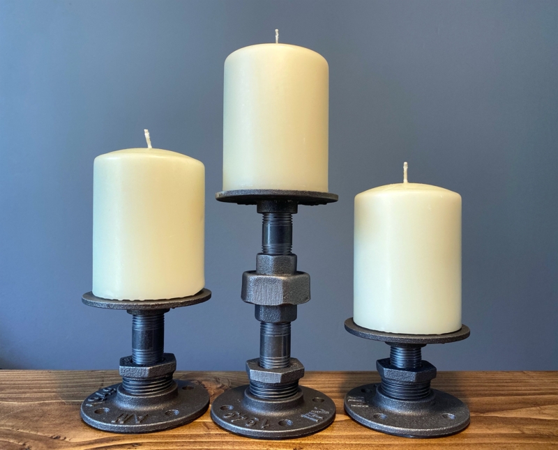 Industrial Pillar Candle Holder Set Staggered Heights Black Metal