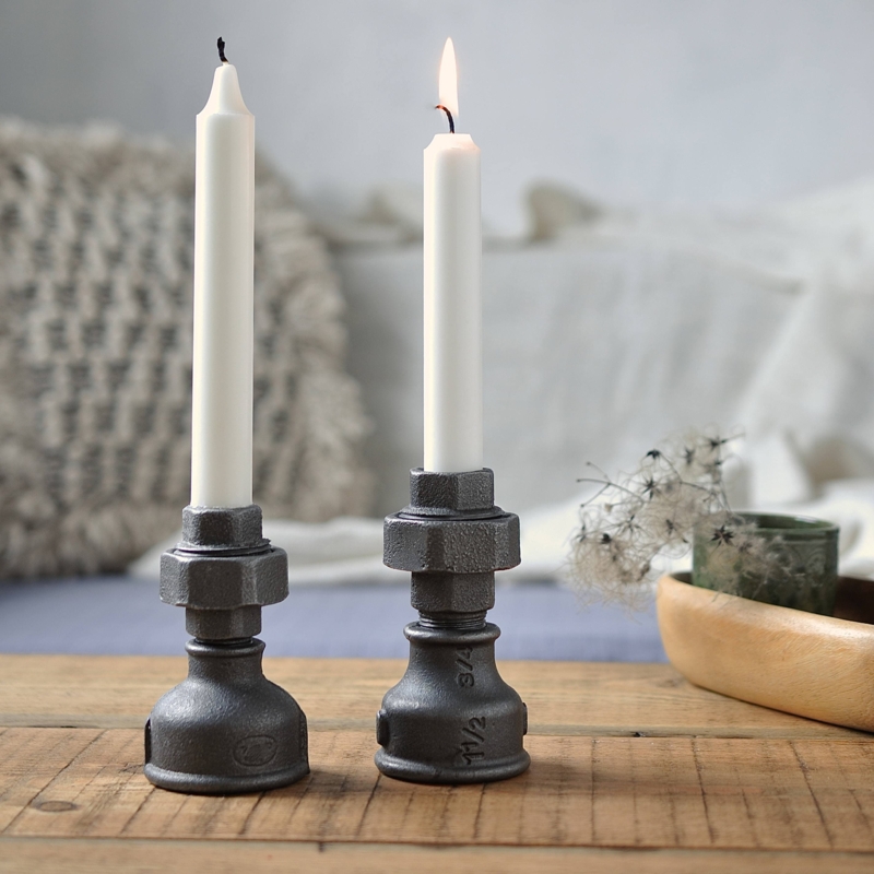 Industrial Pipe Candlestick Pair Matte Black Metal Taper Holders