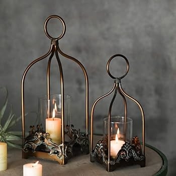 Industrial Style Metal Lantern Glass Panes Loop Handle