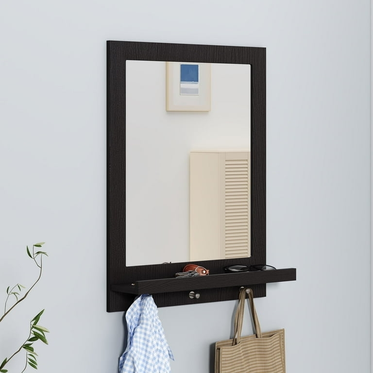 Industrial Style Metal Wall Mirror with Rounded Corners and Hooks