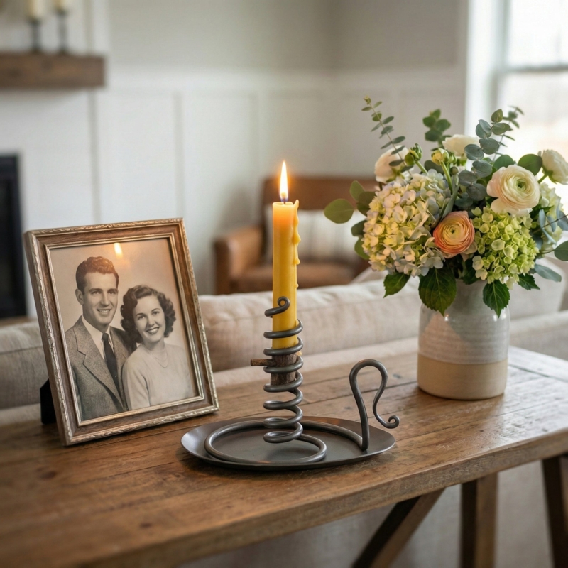 Iron Courting Candle Holder with Spiral Cage and Drip Pan