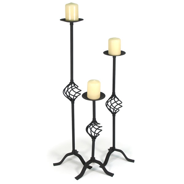 Iron Floor Candlestick Set Rustic Spiral Neck Graduated Heights