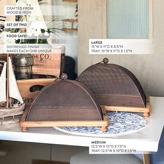 Iron Mesh Food Cover Set Bird Finial Beaded Wood Tray Rustic Decor