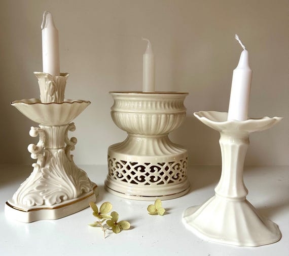 Ivory and Gold Candlestick Set, Porcelain Graduated Elegant Decor