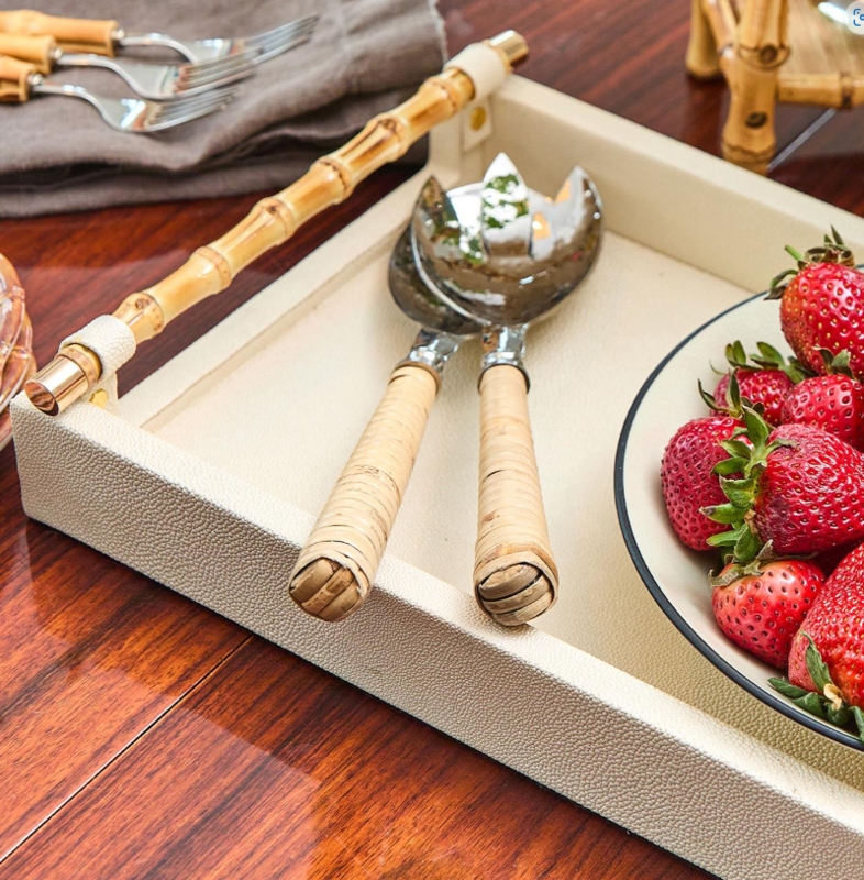 Ivory Rectangular Tray with Arched Bamboo Handles