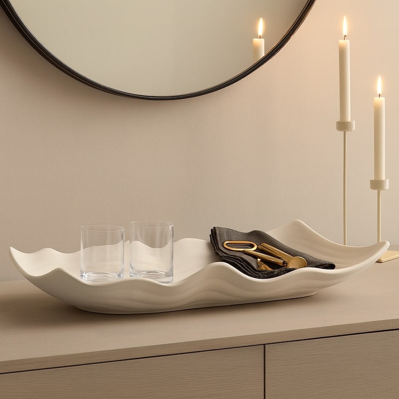 Ivory Wavy Porcelain Decorative Tray for Modern Centerpiece