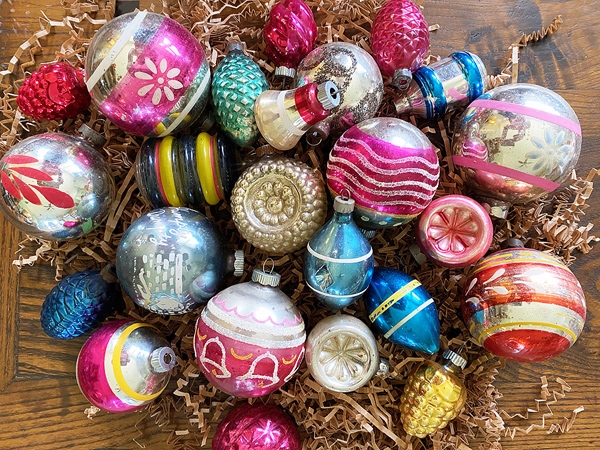 Jewel Toned Glass Ornaments with Reflective Patina and Indents