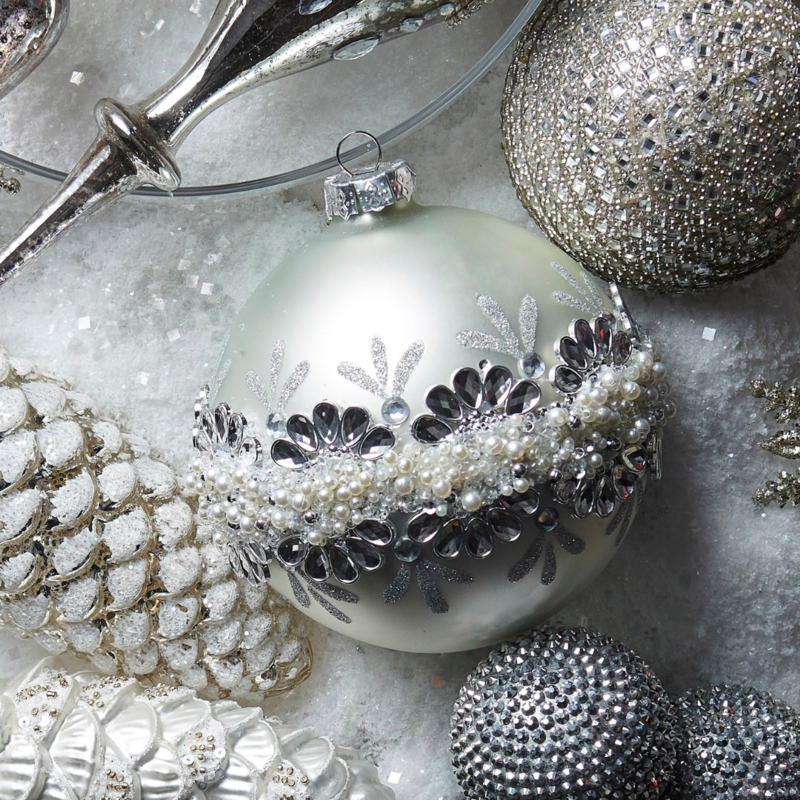 Jeweled Christmas Ornament Ball, Pearl and Jewel Stripes