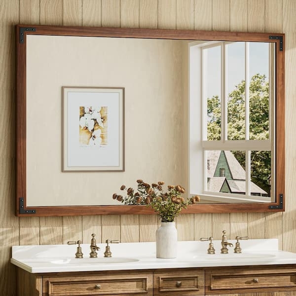 KeonJinn 55 in. W x 36 in. H Rectangular Rustic Wood Framed Mirror Farmhouse Bathroom Vanity Mirror Over Sink in Brown