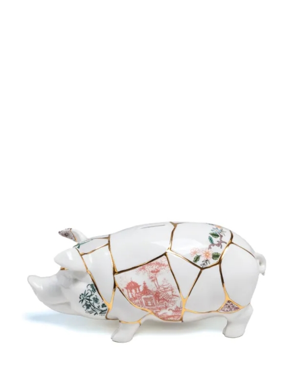 Kintsugi Style Piggy Bank Porcelain Gold Veining Patchwork Patterns